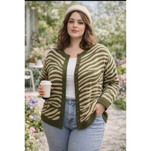 Jessica London Olive Green, Beige Zebra Stripes Print Button Cardigan, Plus Size
